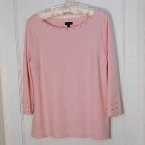 Talbot's Women's 3/4 Sleeve Blouse, Pastel Pink, Eyelet Trim, Sz Large Petite